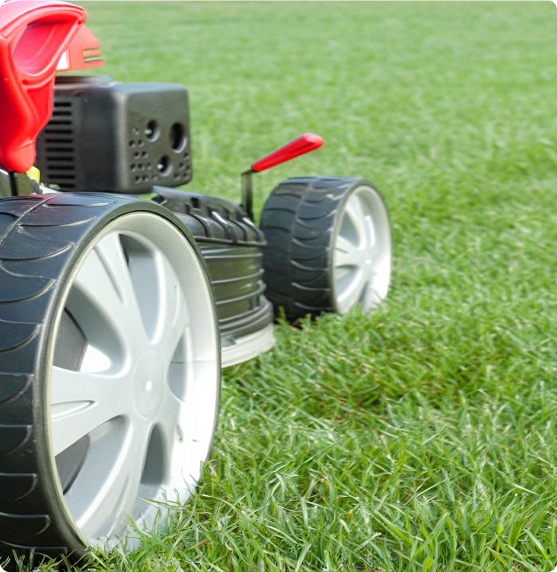 Close-up of mower wheels
